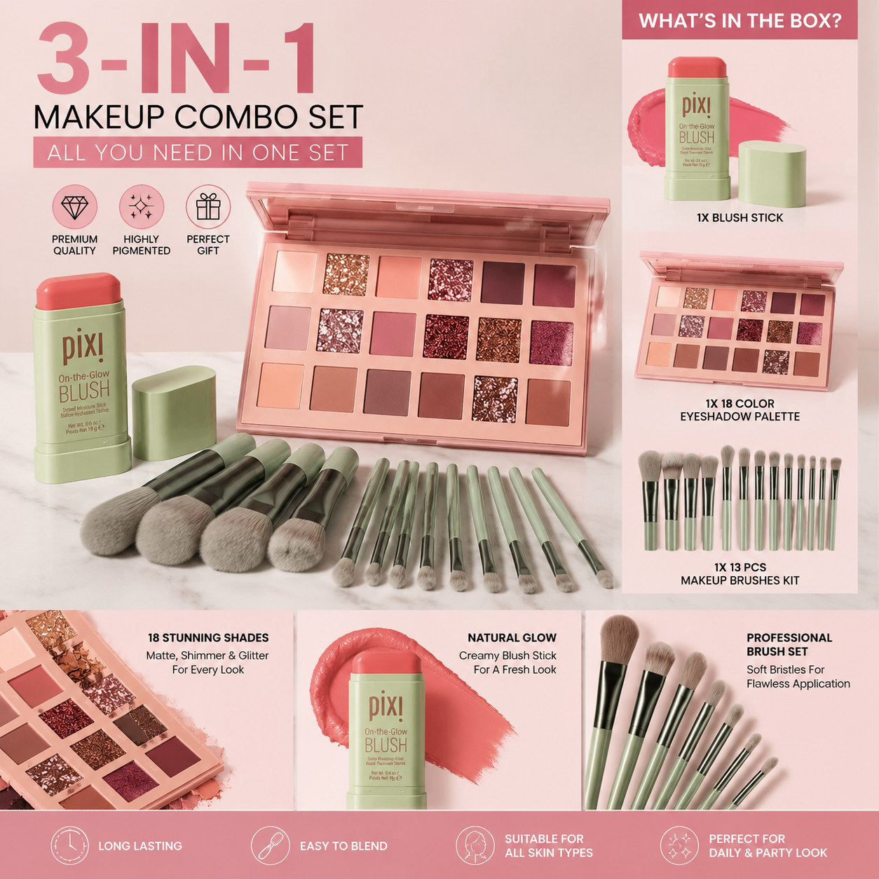 Makeup Combo Set – Blush Stick + 18 Color Eyeshadow Palette + 13 PCS Makeup Brushes Kit